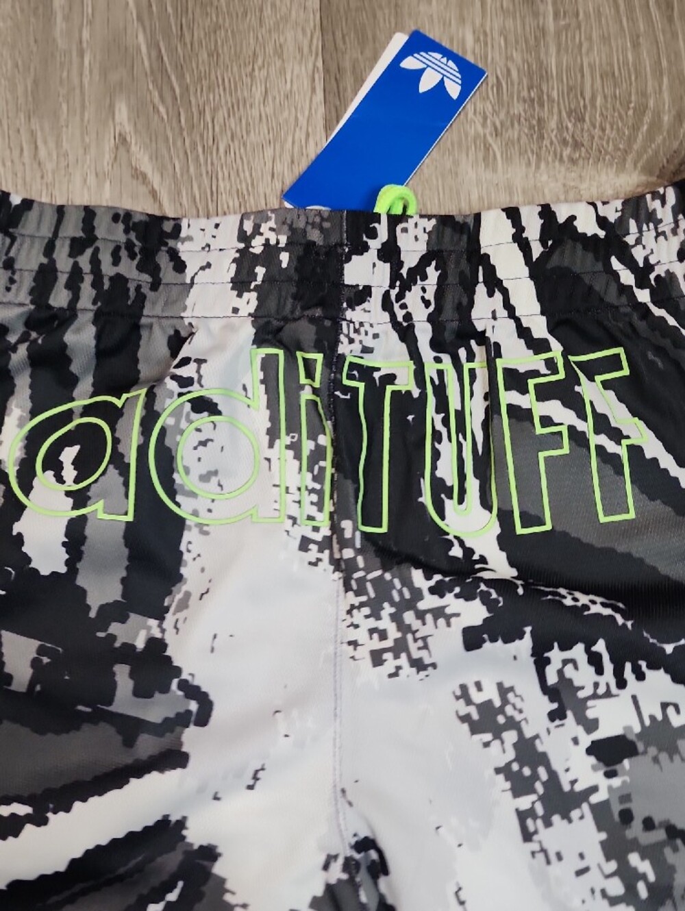 adidas Archive AOP Shorts In Black, White, And Gray With Neon Green Accents - Picture 3 of 6